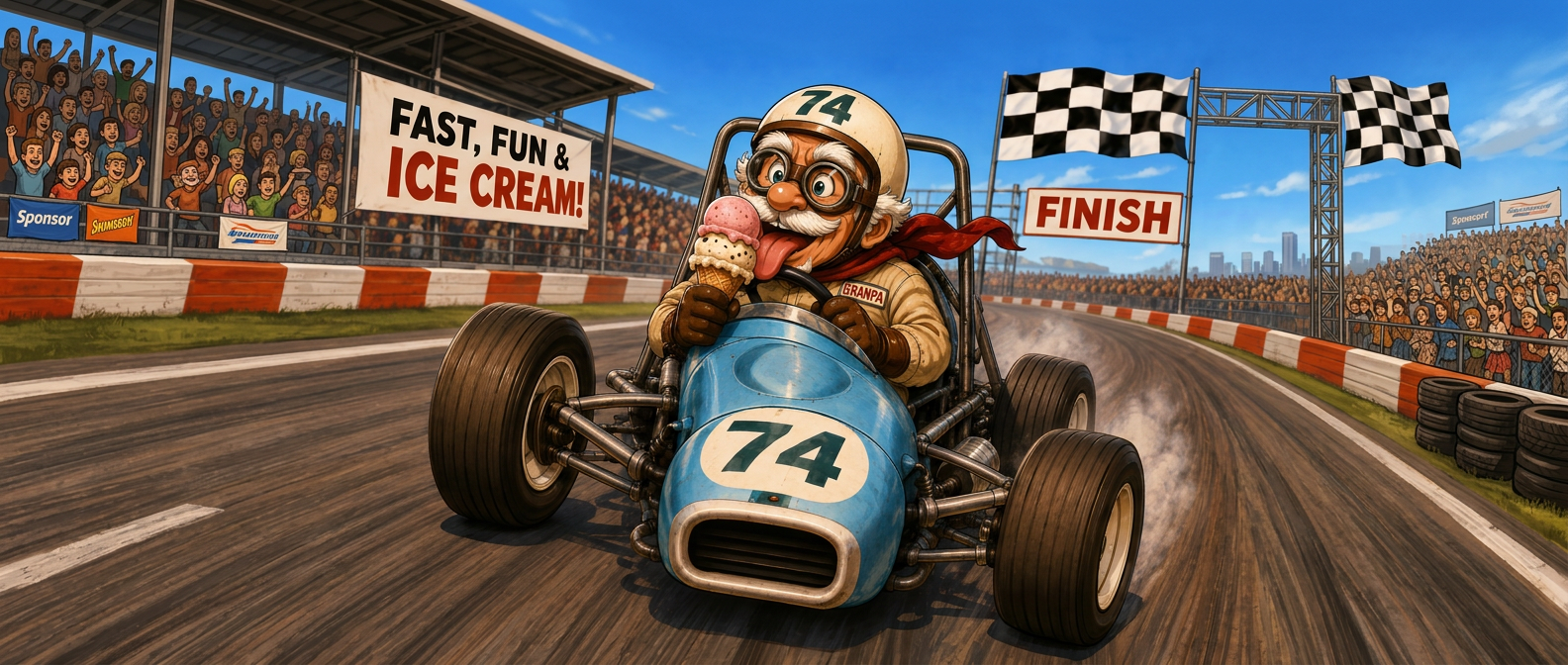 Granpa racing his ice cream racecar past the finish line