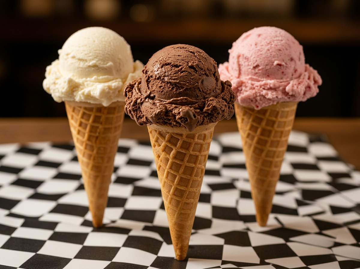 Three scoops on a checkered surface